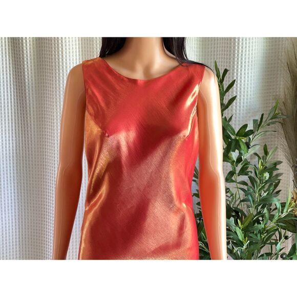 Vintage 90s Let’s Fashion Iridescent Orange Rosette Gown Open Back Dress Size L - Picture 11 of 15